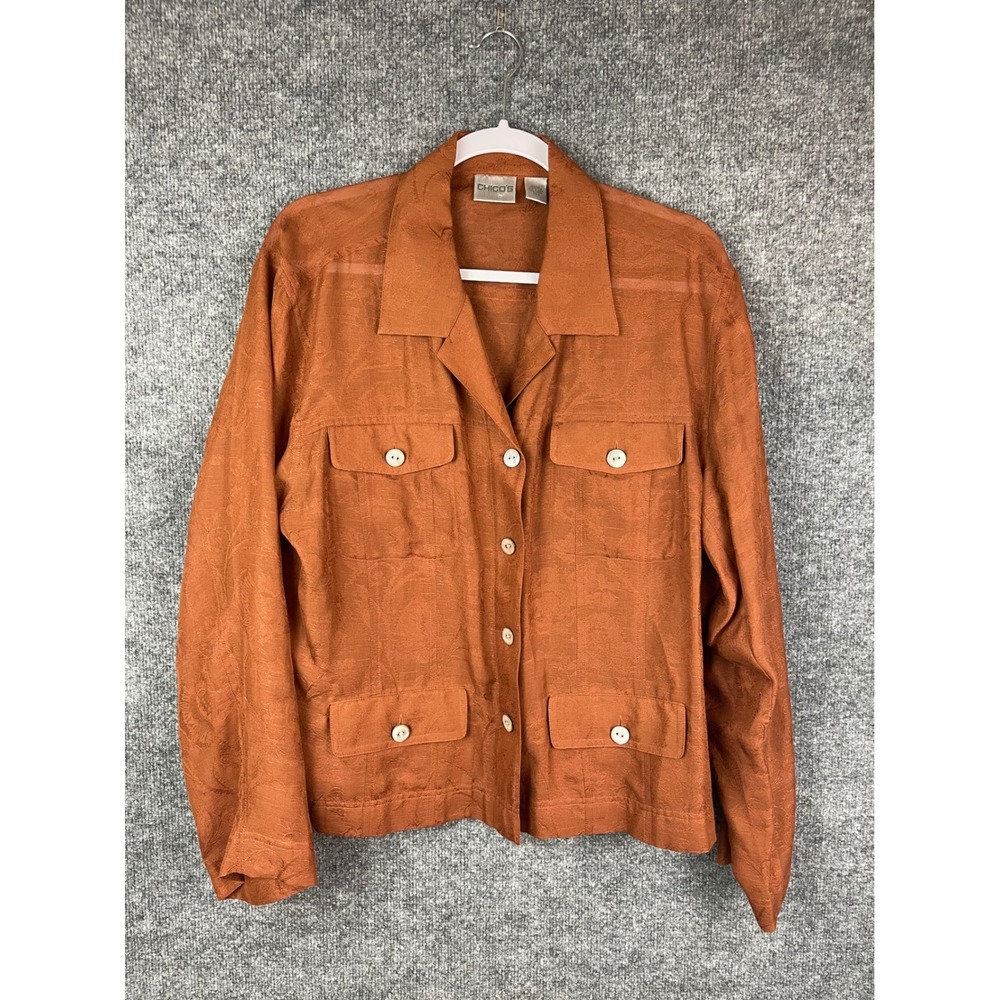 Chico's Jacket Womens 3 XL Burnt Orange Excellent Silk Cotton Floral Jacquard
